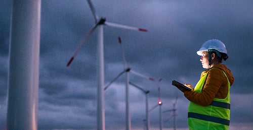 Worker inspecting wind farm